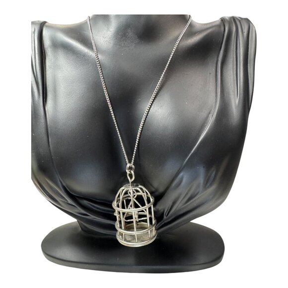 Silver Birdcage Pendant Necklace With Delicate Chain Unique Vintage Accessory - Picture 3 of 13